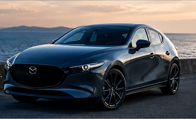 海辺に停まるマシーングレーのMAZDA3